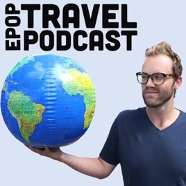 Man holding globe in Extra Pack of Peanuts podcast cover photo