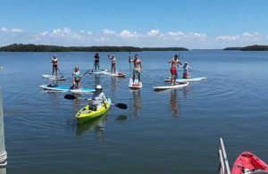 People standing on paddle boards in the water