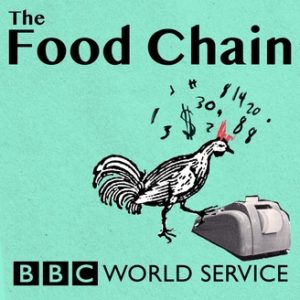 Teal and black image of The Food Chain podcast cover photo