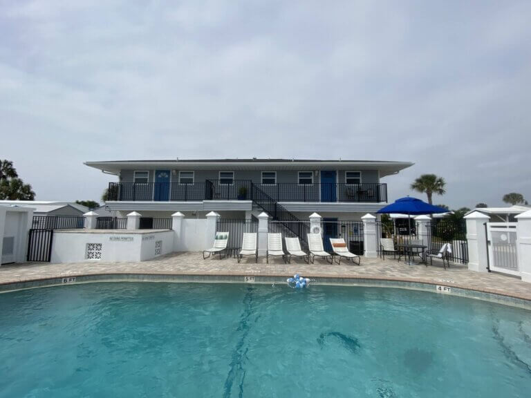 View of the pool and rental at The Waters in Melbourne Beach, FL